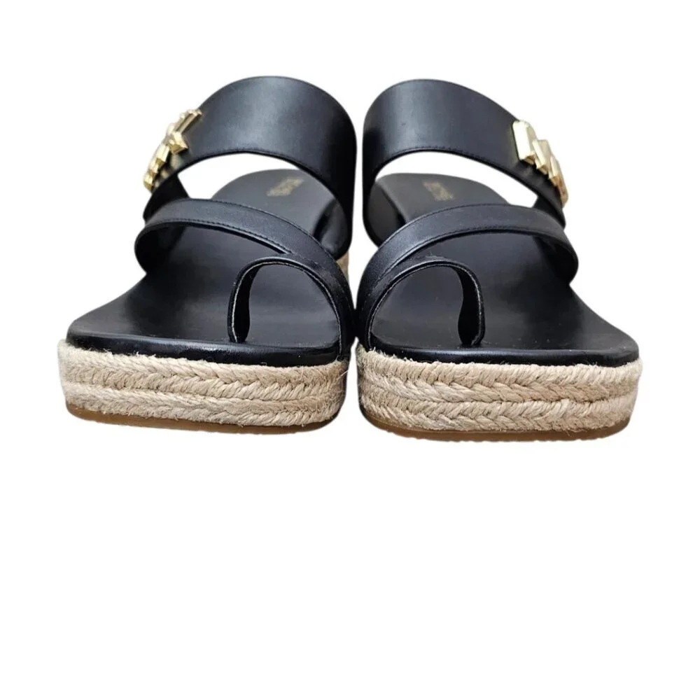 Michael Kors New Women's Jilly Logo Leather Espadrille Wedge Sandals Black 8.5
